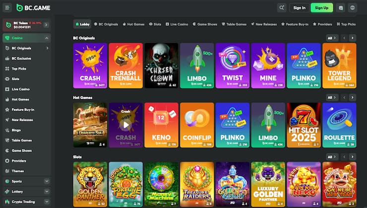 A view of the casino interface on BC Game, one of the best Visa gift card casinos. 